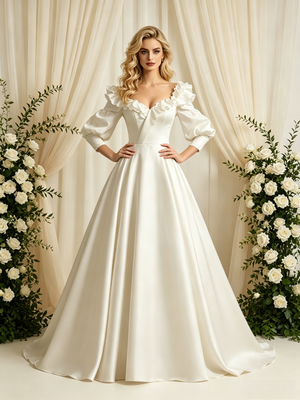Short Sleeve Satin Square Neck Wedding Dress