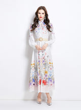 Palace Print Lantern Sleeve Long Dress