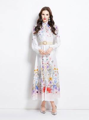 Palace Print Lantern Sleeve Long Dress