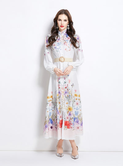 Palace Print Lantern Sleeve Long Dress