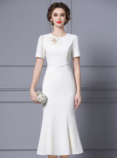 Beige White Flower Beading Mother Of The Bride Dress