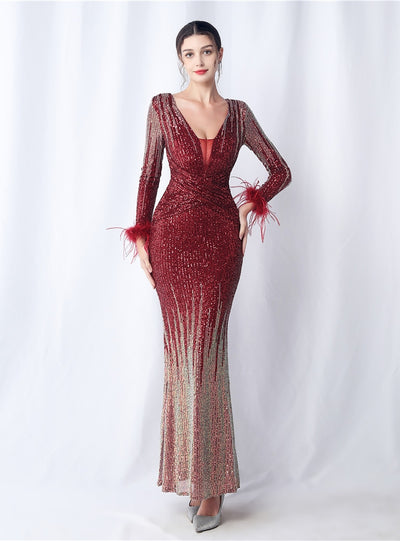 Burgundy Long Sleeve Sequins Prom Dress
