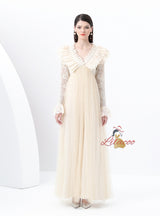V-neck Long Sleeve Lace Gauze Long Dress