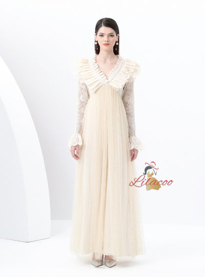 V-neck Long Sleeve Lace Gauze Long Dress