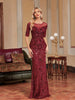 Burgundy Mermaid Sequins Short Sleeve Prom Dress