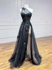 Black Tulle One Shoulder Appliques Split Prom Dress