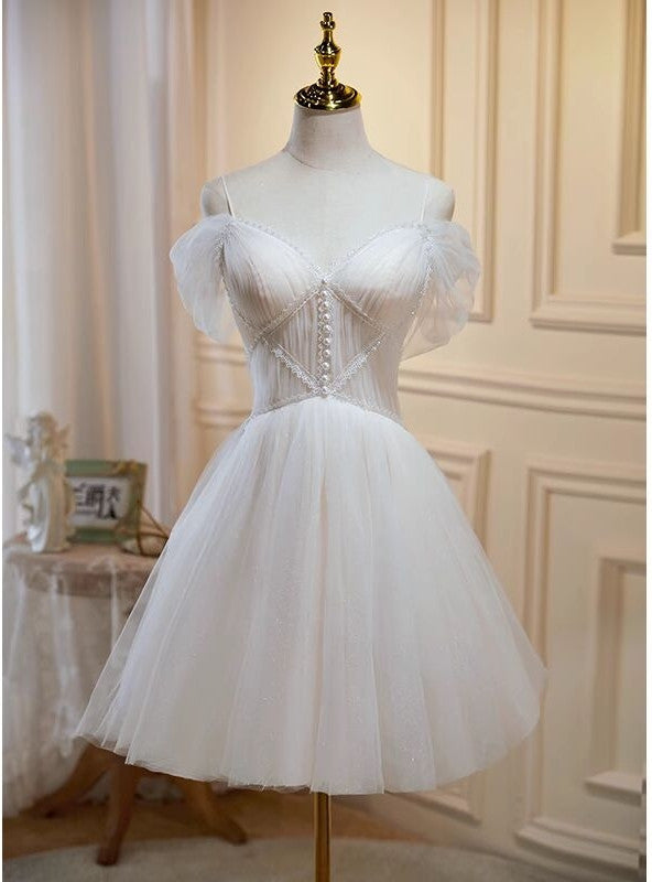 Ivory Tulle Straps Pleats Homecoming Dress