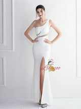 One Shoulder Beading Split Prom Dress