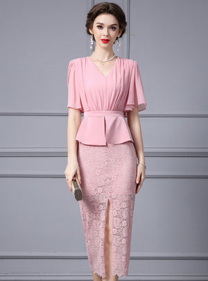 Pink Lace Chiffon V-neck Mother Of The Bride Dress
