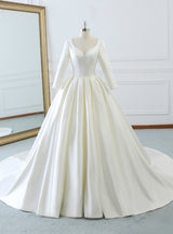 Ivory White Satin Long Sleeve Wedding Dress