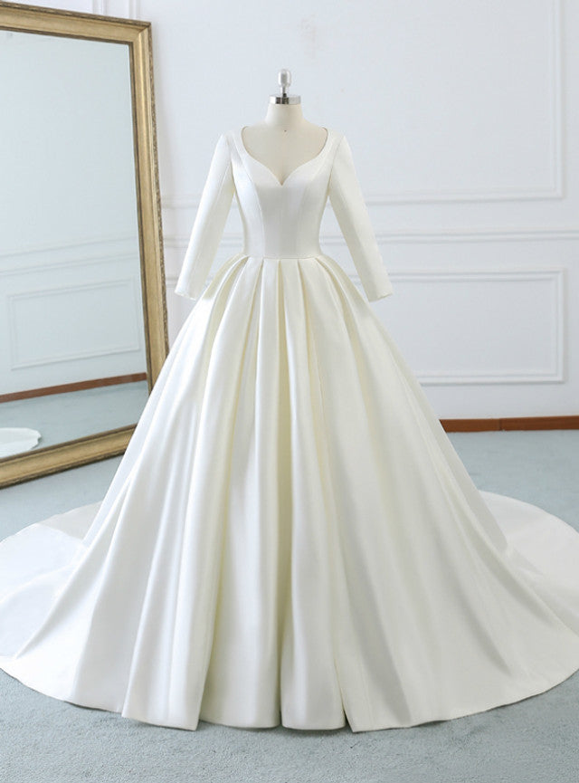 Ivory White Satin Long Sleeve Wedding Dress
