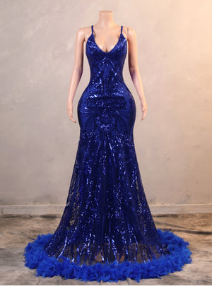 Royal Blue Mermaid Sequins Feather Prom Dress