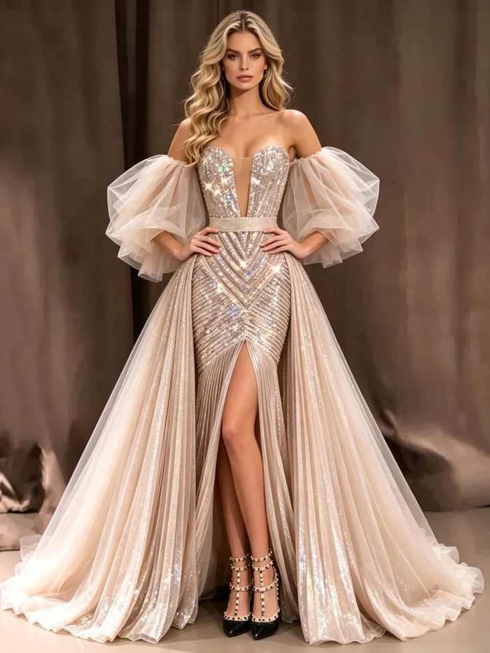 Champagne Tulle Sequins Strapless Prom Dress