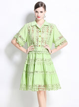 Retro Lapel Lace Shirt+Skirt Suit