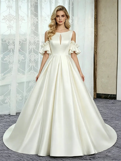 Ivory Satin Scoop Neck Wedding Dress