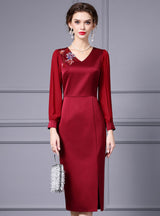 Burgundy V-neck Crystal Mother Of The Bride Dress
