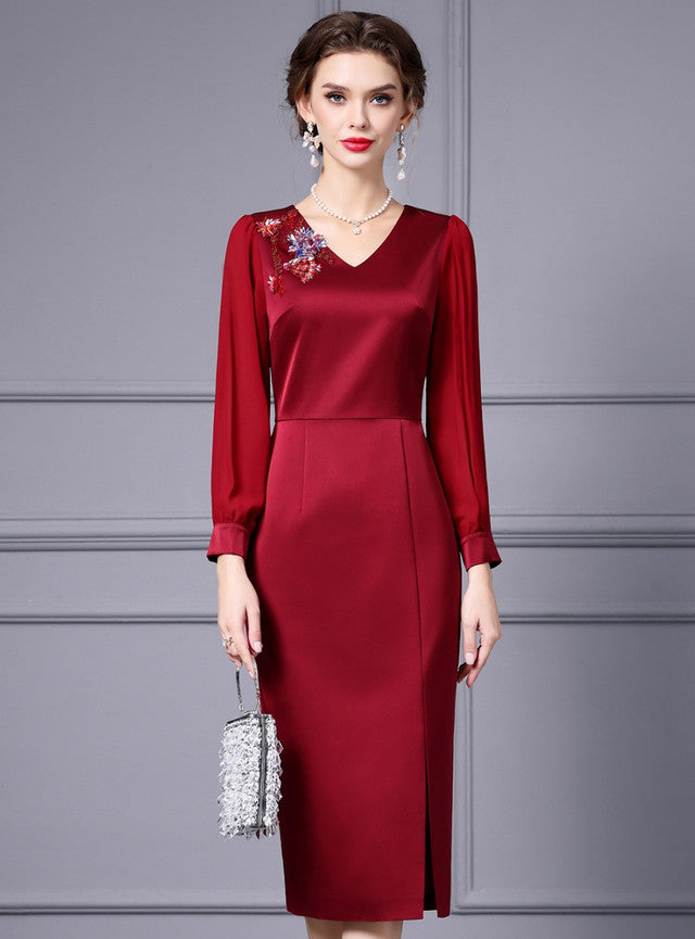 Burgundy V-neck Crystal Mother Of The Bride Dress