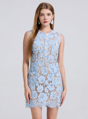 Blue Flower Lace Sleeveless Dress