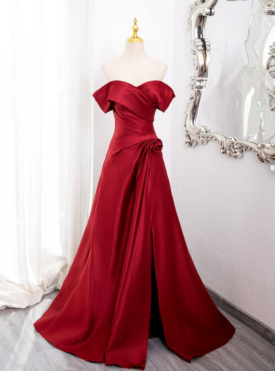 Burgundy Satin Pleats Split Prom Dress
