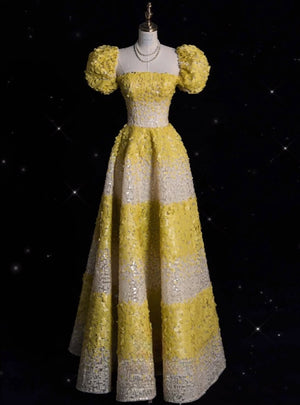 Yellow Sequins Puff Sleeve Prom Dress
