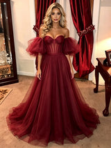 Burgundy Tulle Off the Shoulder Prom Dress