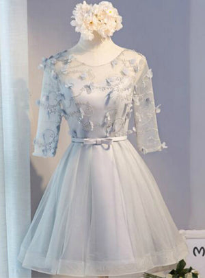 Gray Tulle Short Sleeve 3D Flower Homecoming Dress