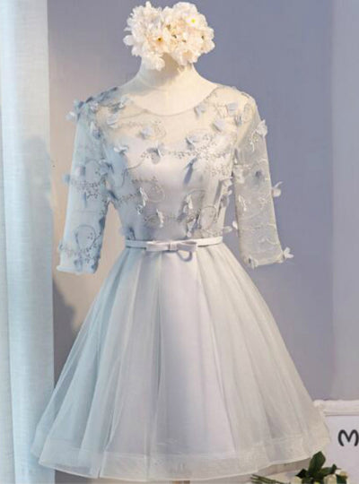 Gray Tulle Short Sleeve 3D Flower Homecoming Dress