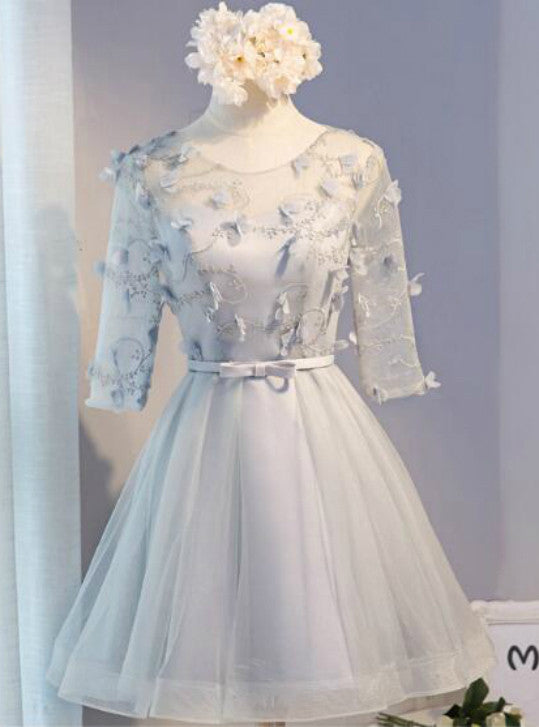 Gray Tulle Short Sleeve 3D Flower Homecoming Dress