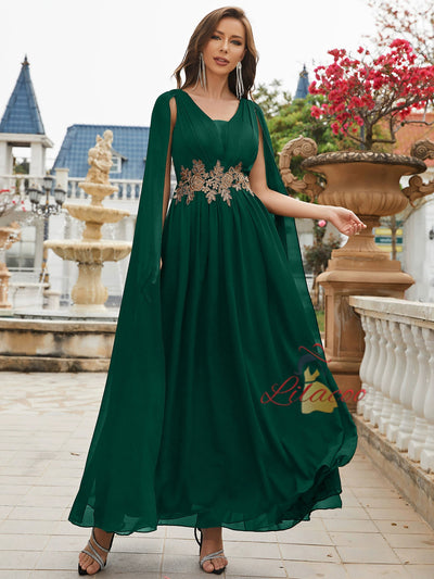 Green Chiffon V-neck Appliques Prom Dress