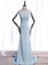 Sexy Light Blue High Neck Beading Prom Dress