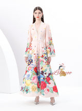 Retro V-neck Breasted Printed Long Dress