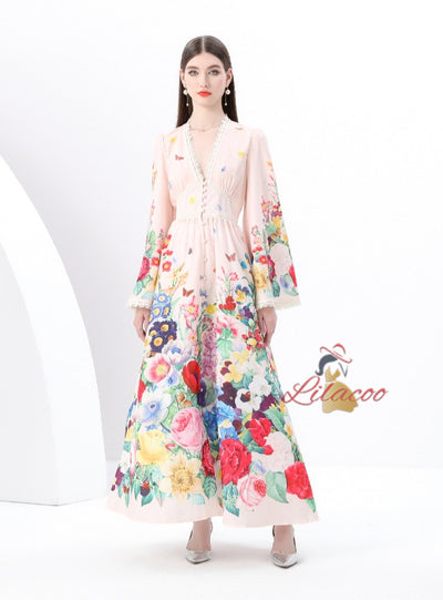 Retro V-neck Breasted Printed Long Dress