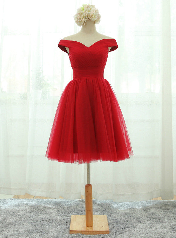 Red Tulle Off the Shoulder Pleats Homecoming Dress