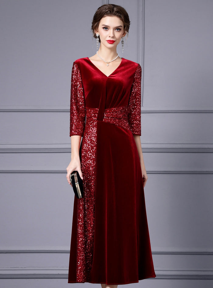 Burgundy Velvet Sequins Mother Of The Bride Dress