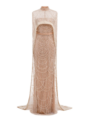 Champagne Tulle Beading Shawl Prom Dress