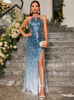 Blue Sequins Halter Split Prom Dress