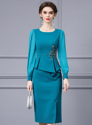 Lake Blue Long Sleeve Mother Of The Bride Dress