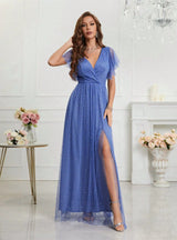 Blue Tulle V-neck Split Prom Dress