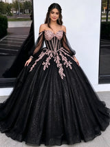 Black Tulle Sequins Long Sleeve Appliques Quinceanera Dress