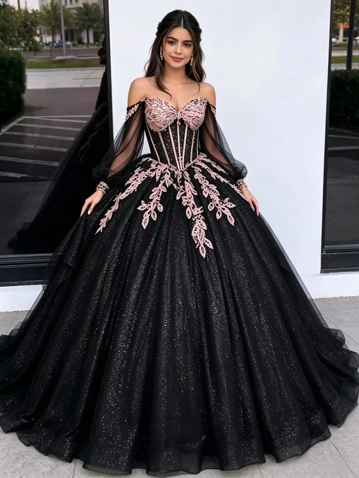 Black Tulle Sequins Long Sleeve Appliques Quinceanera Dress