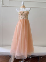 Orange Tulle Straps Beading Prom Dress