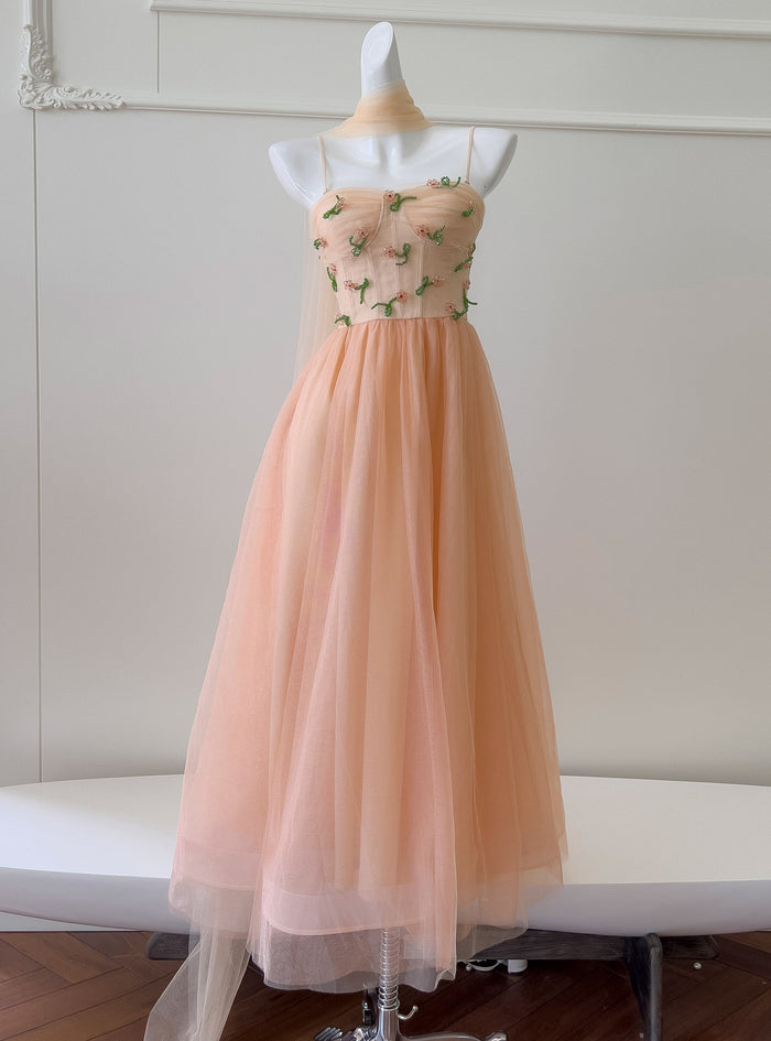 Orange Tulle Straps Beading Prom Dress