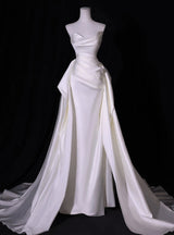 White Mermaid Satin Pleats Strapless Wedding Dress