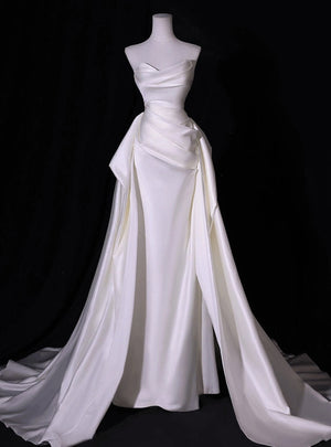 White Mermaid Satin Pleats Strapless Wedding Dress