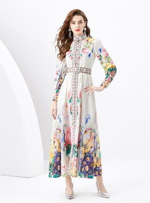 Retro Printed Slim Long Sleeve Dress