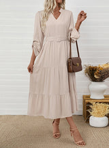 Leisure Collar Long Sleeve Solid Color Dress