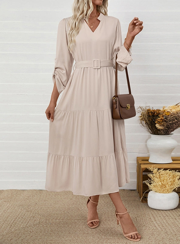 Leisure Collar Long Sleeve Solid Color Dress
