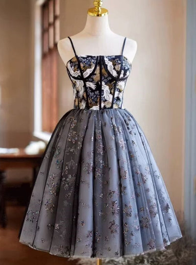 Black Tulle Sequins Embroidery Homecoming Dress