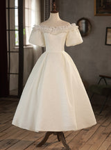 White Puff Sleeve Off the Shoulder Pearls Wedding Dress