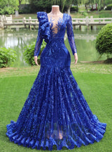 Royal Blue Mermaid Sequins Long Sleeve Prom Dress